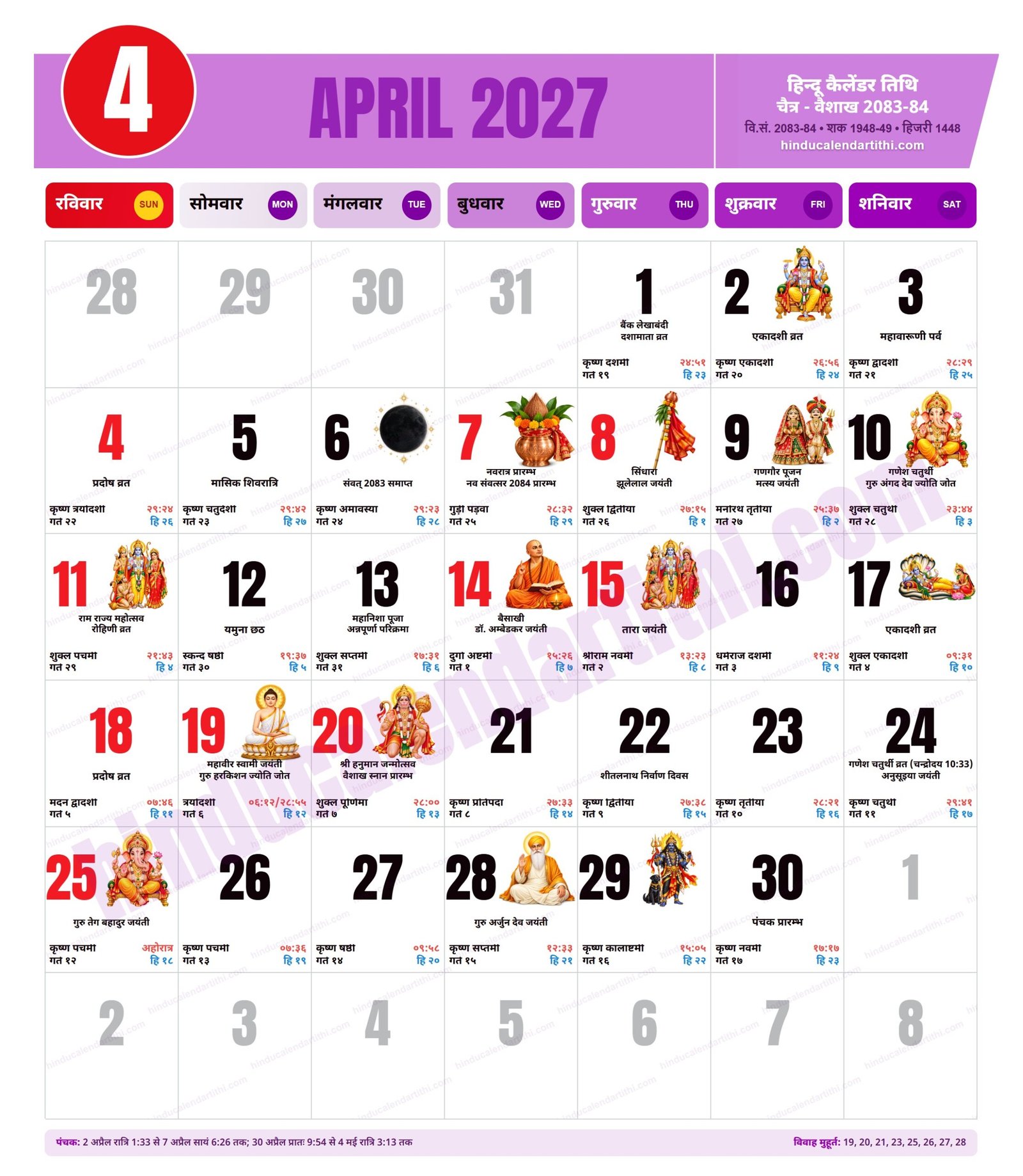 Hindu Calendar 2027 April